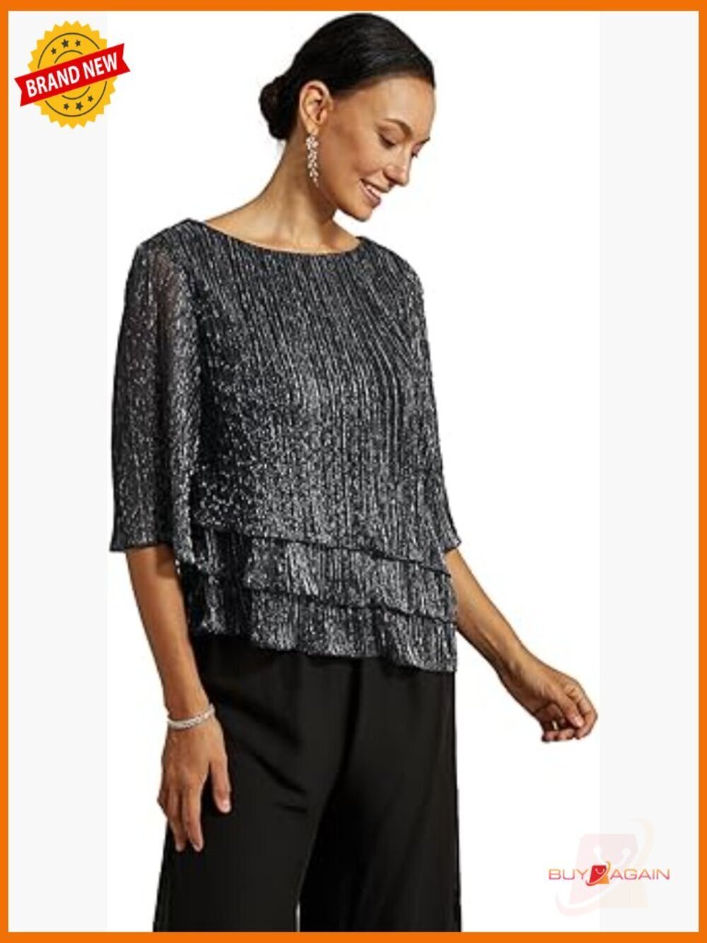 Women's 3/4 Sleeve Pleated Sparkle Blouse, Flowy Chiffon, Dressy Casual